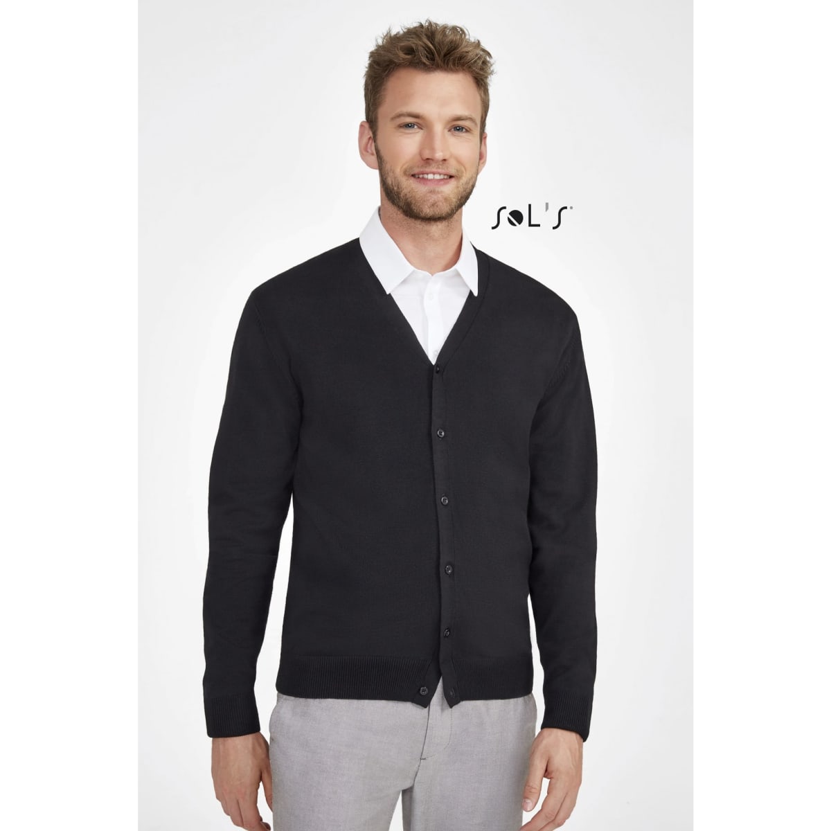 A black cardigan with a V-neck design made from a cotton and acrylic mix. It features buttons and has a logo.