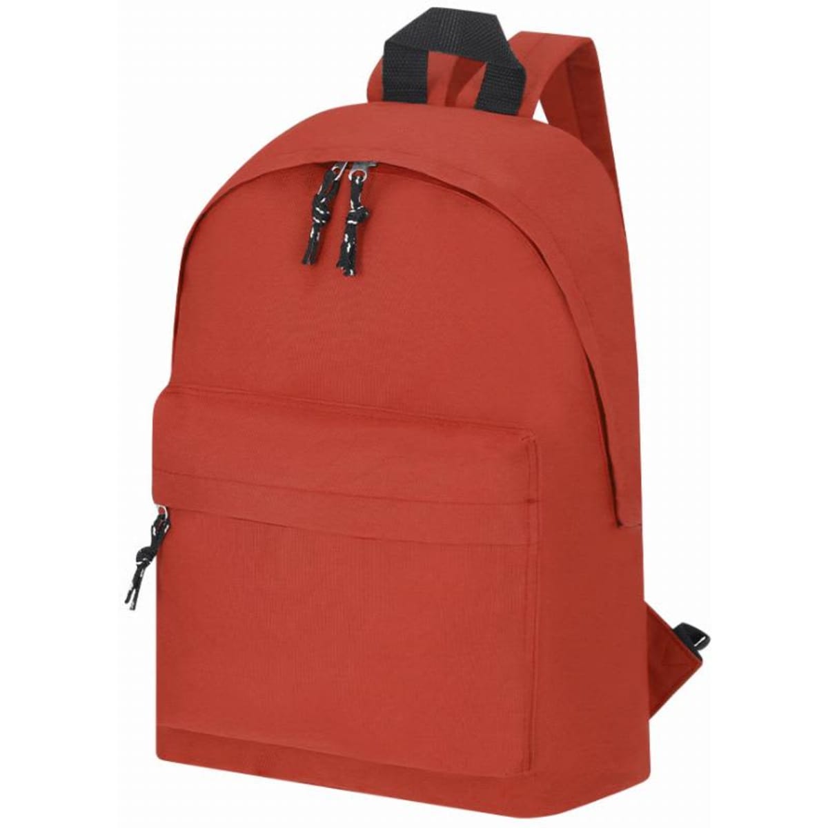 A red backpack with a large main compartment, a front pocket, and black zipper pulls. It features two shoulder straps.