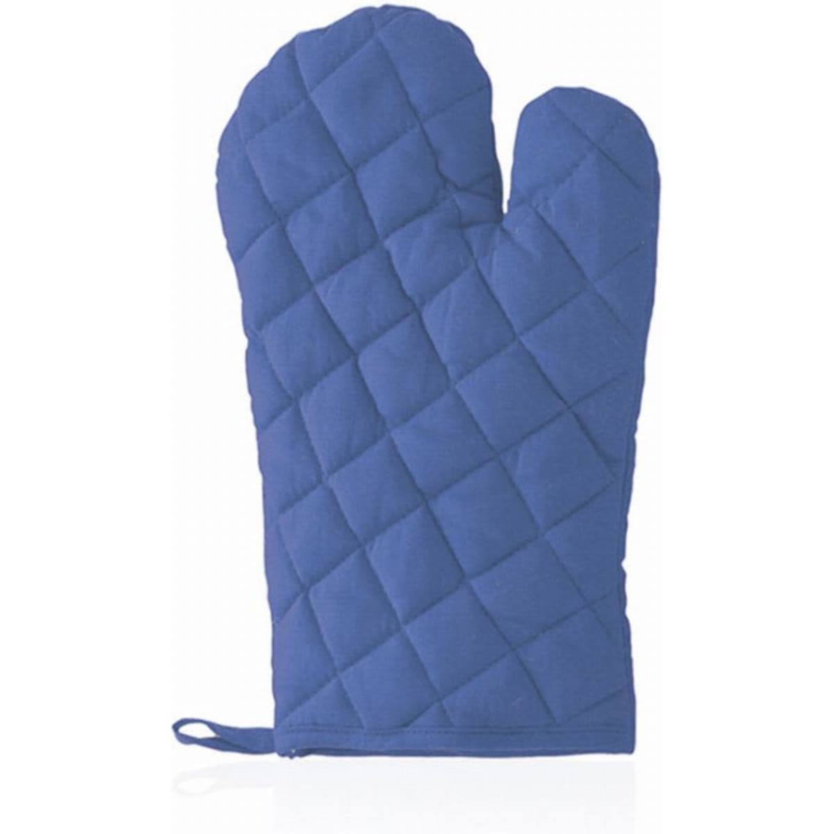A blue quilted oven mitt with a textured surface and a hanging loop.