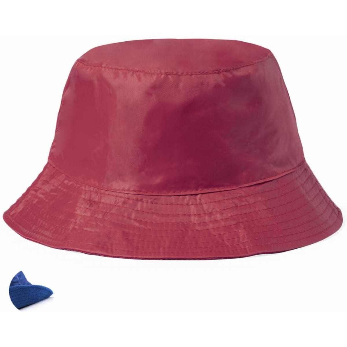 A bucket hat in a deep red colour, featuring a wide brim and a smooth texture. There is also a small blue item beside it.