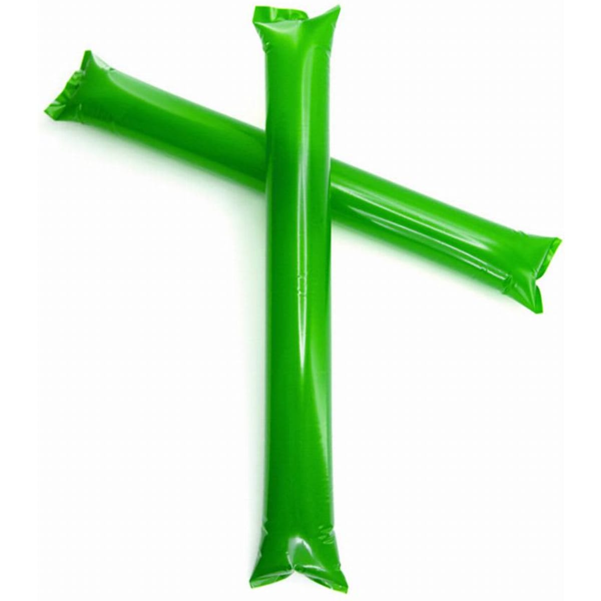Two bright green, inflatable sticks are crossed over each other, with a glossy surface.