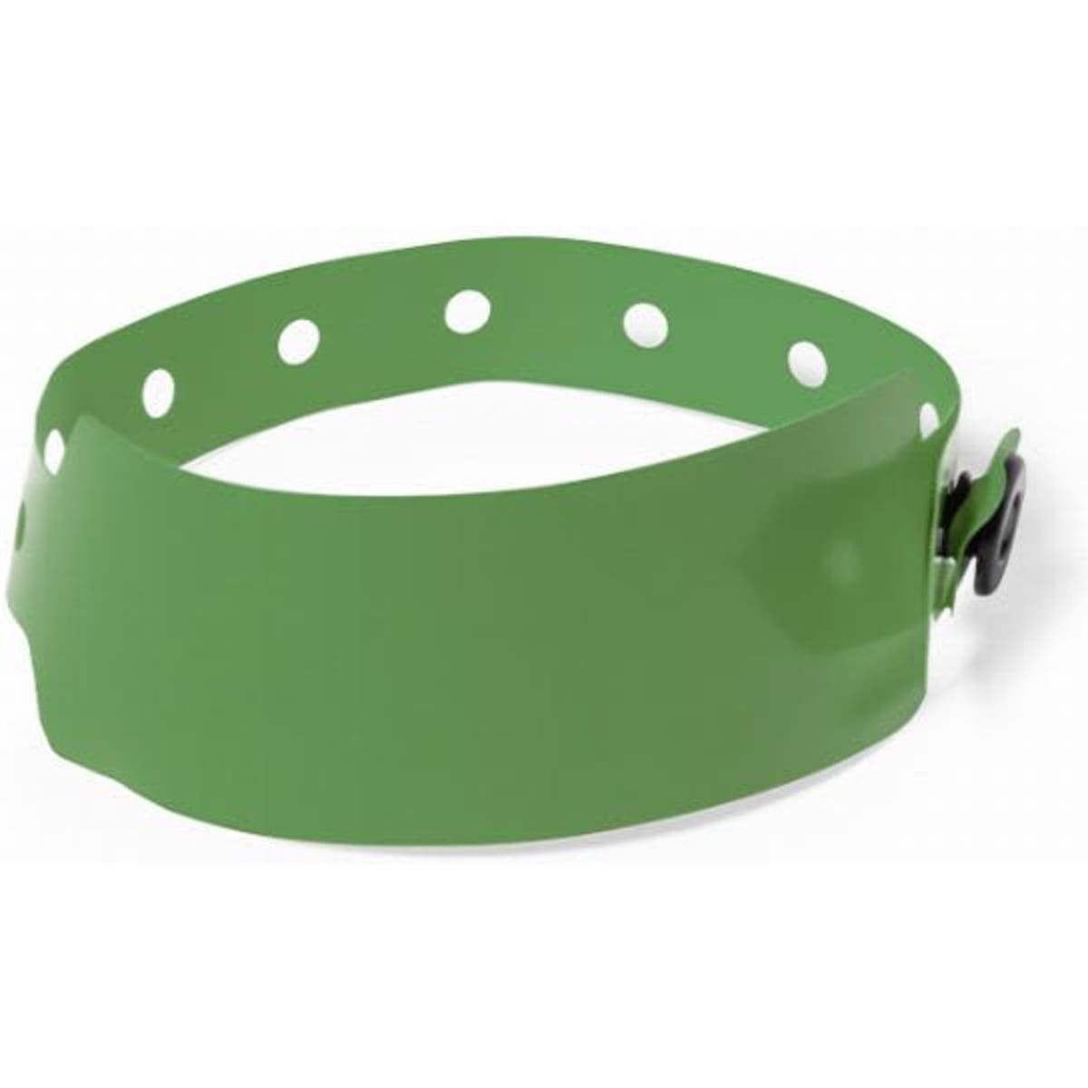A green drink bottle with a wide band and multiple holes for adjustment, featuring a securing mechanism.