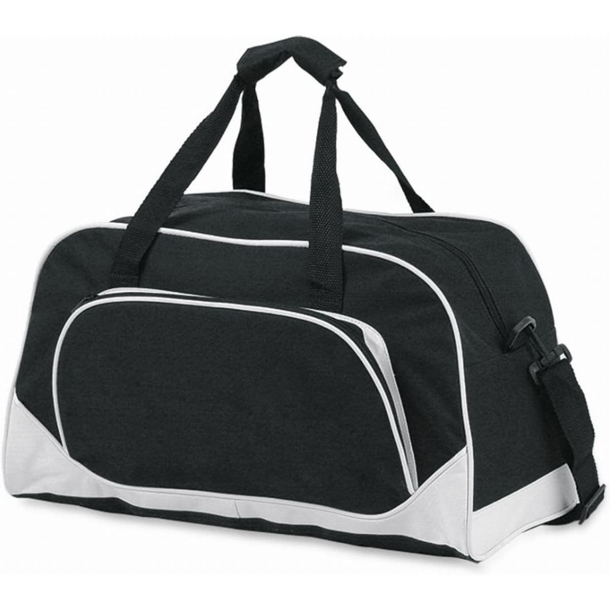 A black and white duffel bag with dual handles and a shoulder strap, featuring a front pocket and branding.