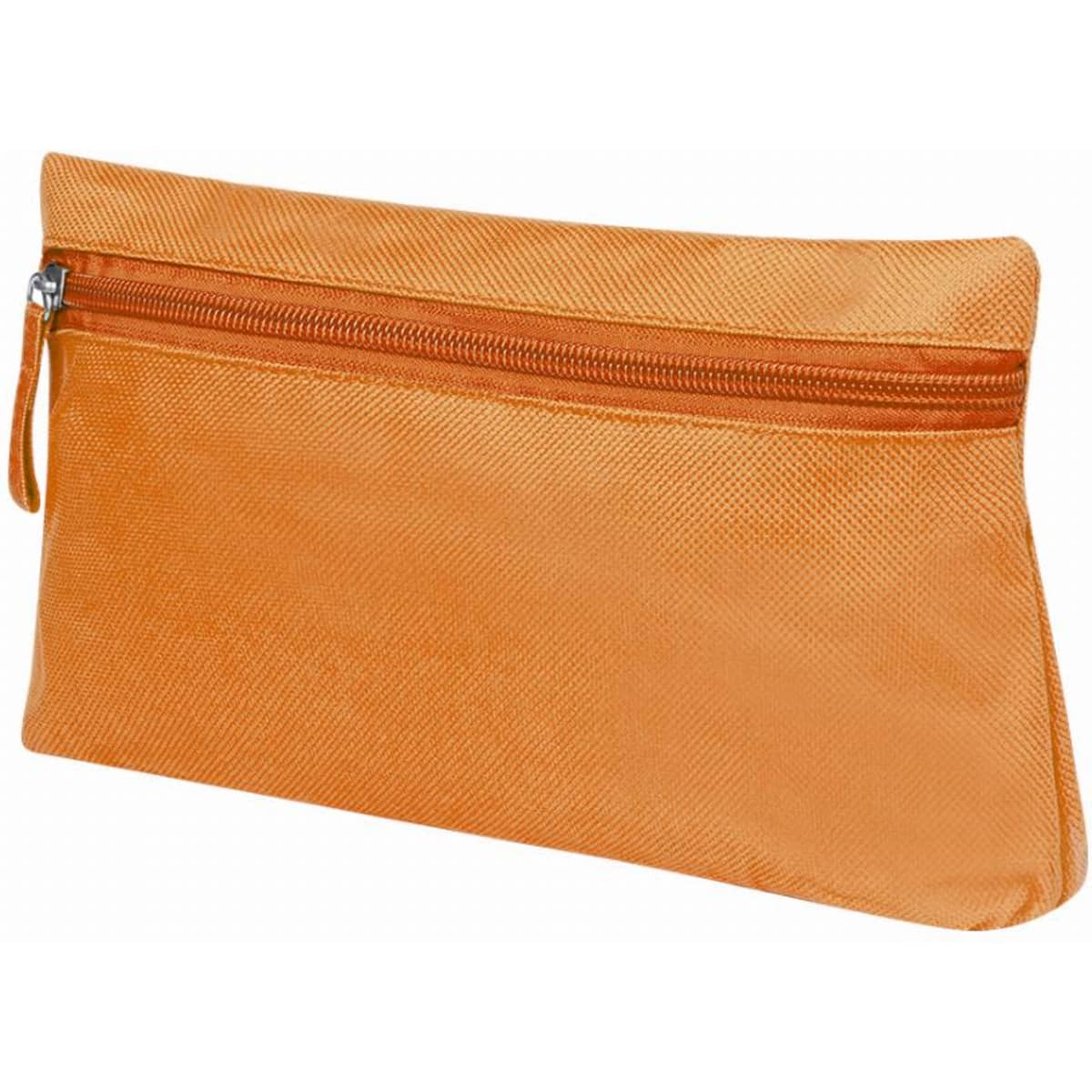 A cosmetic pouch in a vibrant orange colour, featuring a zippered compartment. It has a textured finish and a sleek design.