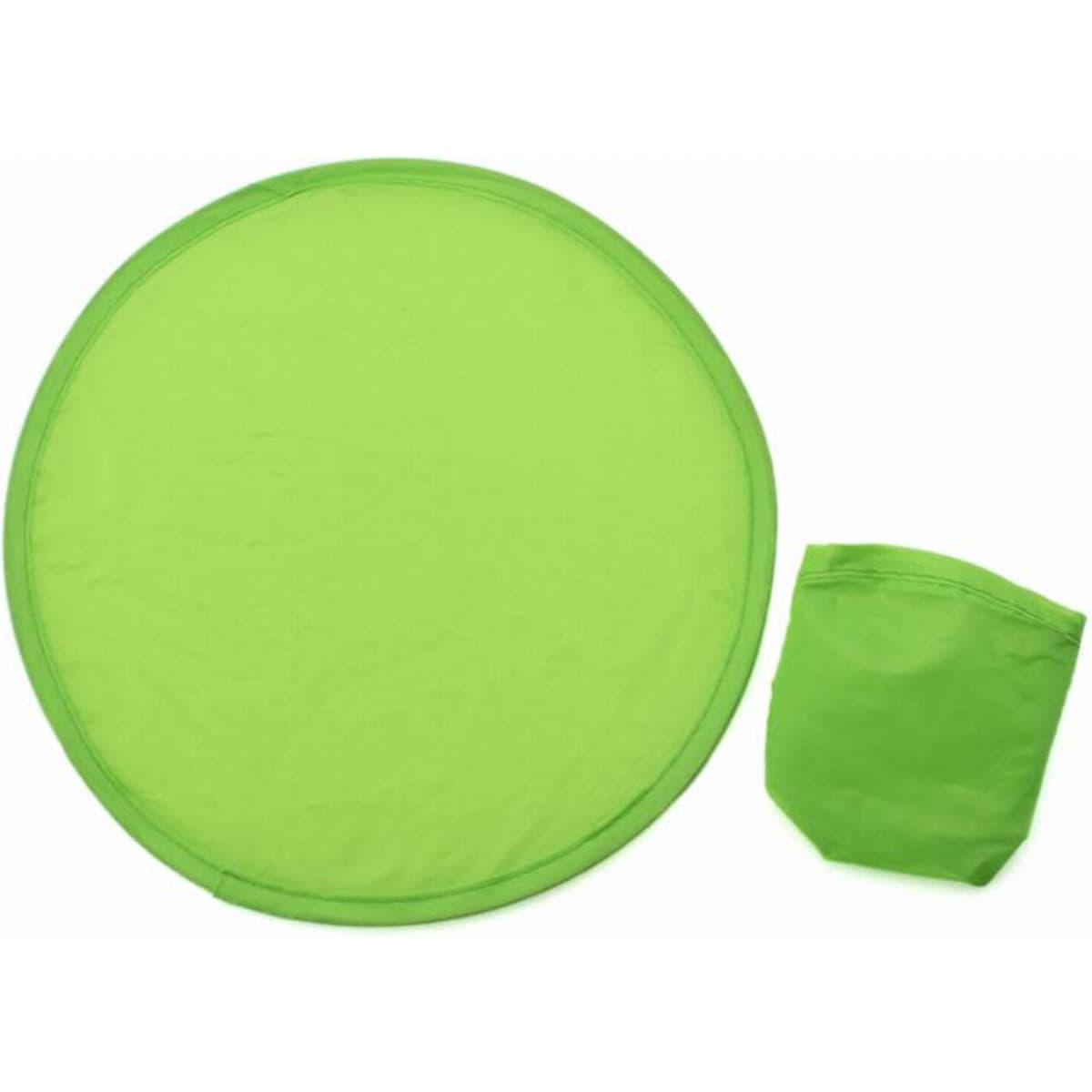 A green round mat with a matching pouch for easy storage. The mat is lightweight and portable.