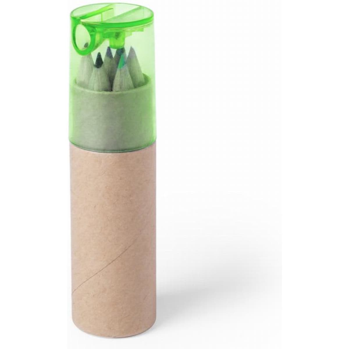 A pencil case with a transparent green top containing coloured pencils, set in a brown cardboard holder.