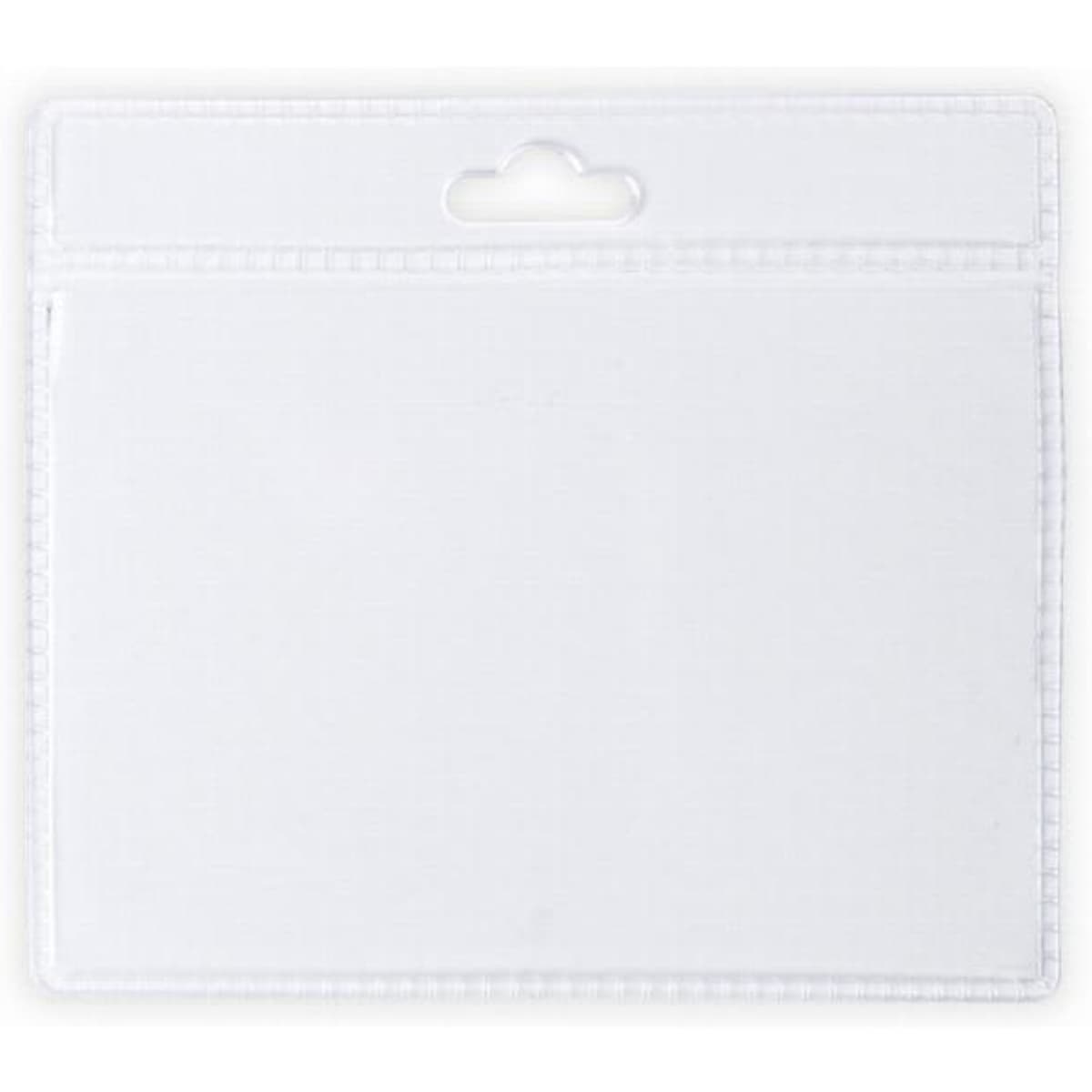 A blank white badge holder with a top slot for easy attachment. It has a simple design with no visible branding.