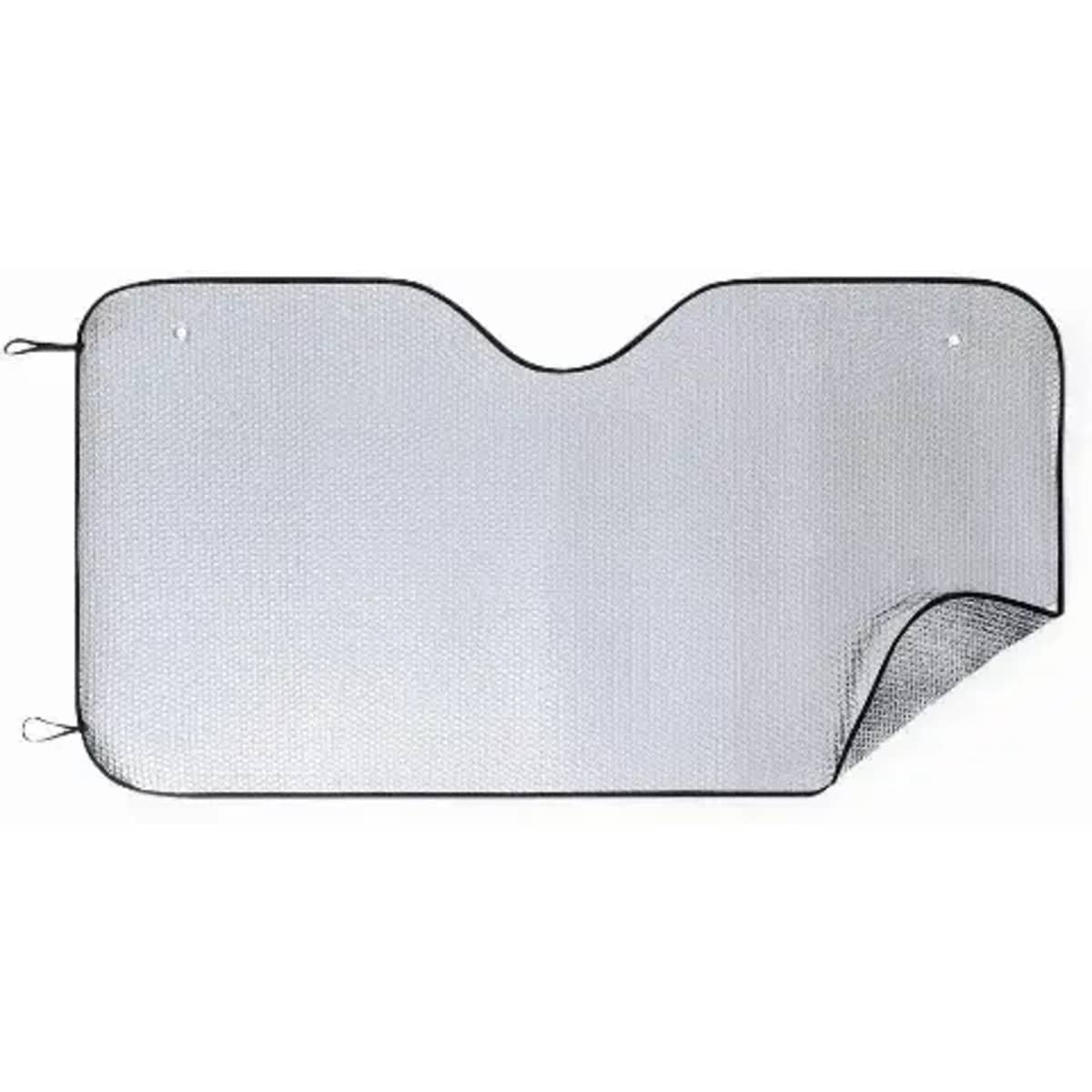 A grey car sun shade with a foldable design and hooks for attachment. Features a mesh texture and black edging.