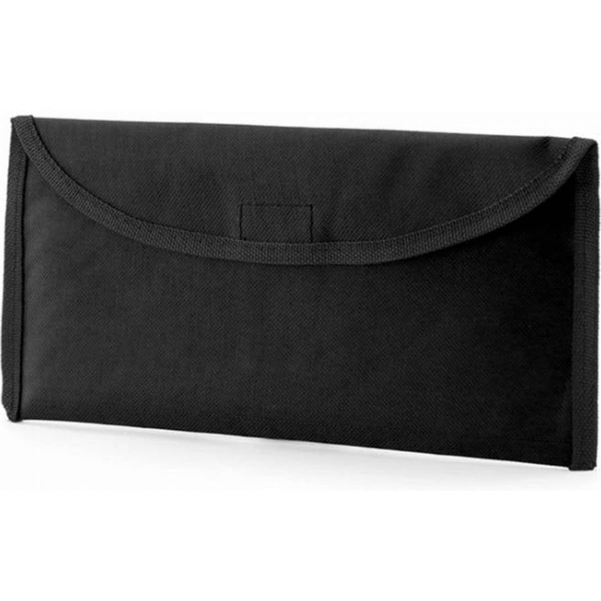 A black pouch with a fold-over flap and a seamless design. It features a simple, functional style.