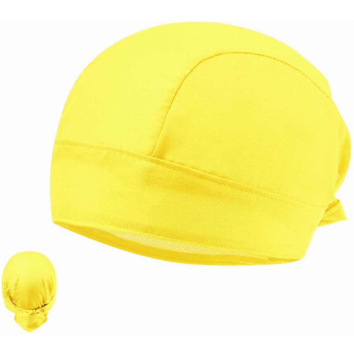 A yellow beanie-style hat with a soft, smooth fabric and a tied back design. It features a branding logo.