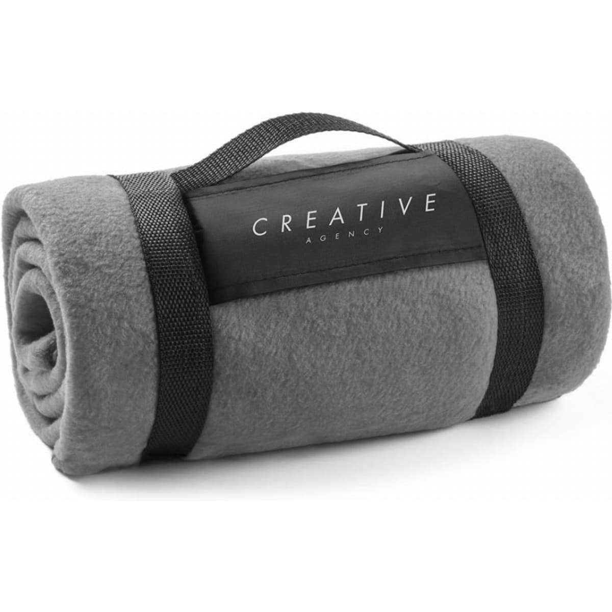 A grey fleece blanket rolled and secured with a black strap, featuring a logo on the front.