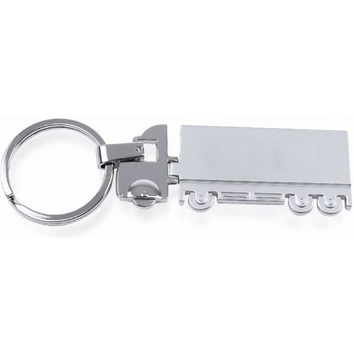 A keyring featuring a silver trailer design with wheels, attached to a circular keychain.