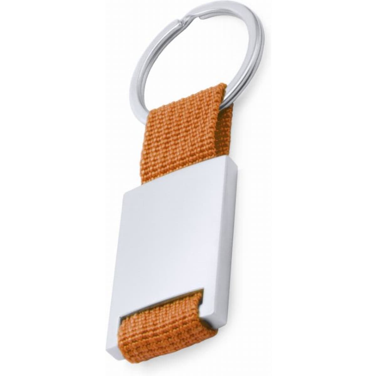 A keyring featuring an orange fabric strap and a metal attachment with a shiny silver finish.