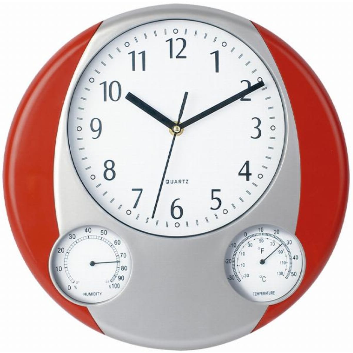 A round clock featuring a white face with black numbers, a silver frame, and a red back. Includes humidity and temperature gauges.