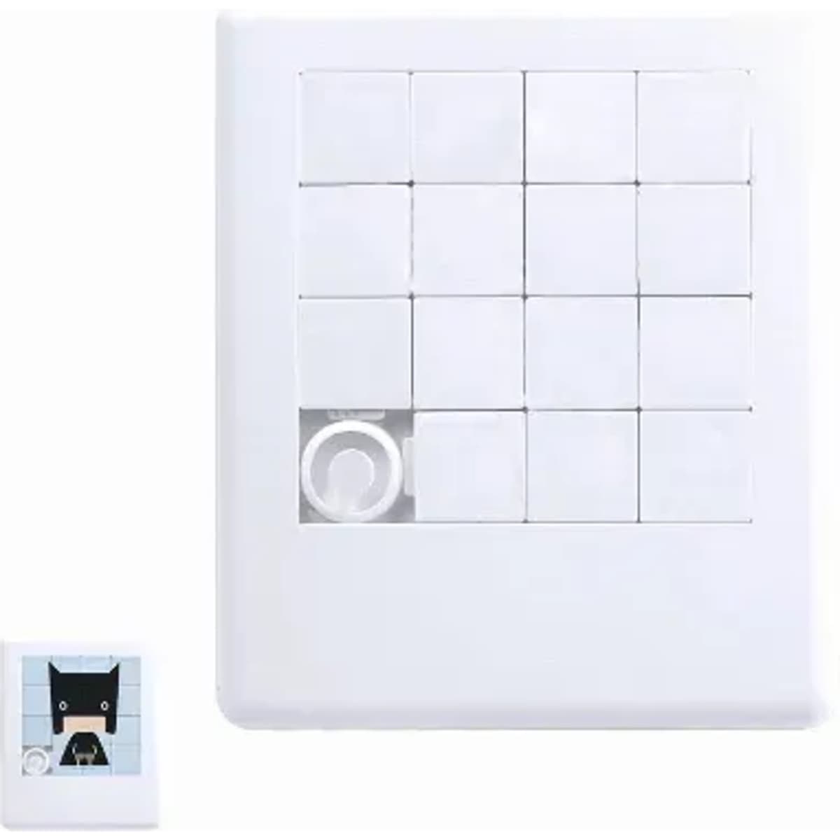 A puzzle game featuring a white grid with 16 tiles, including a character tile on the left. White colour scheme.