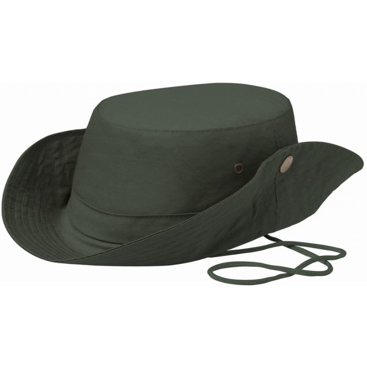 A green wide-brimmed hat with a chin strap and a flat top, featuring a button detail.