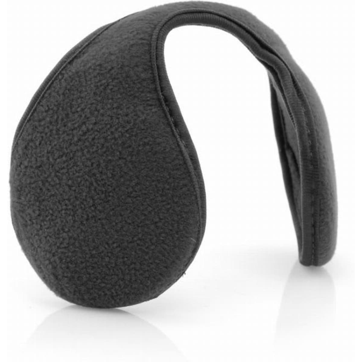 A pair of black fleece ear warmers with a soft texture. They have a rounded, ergonomic shape for comfort.