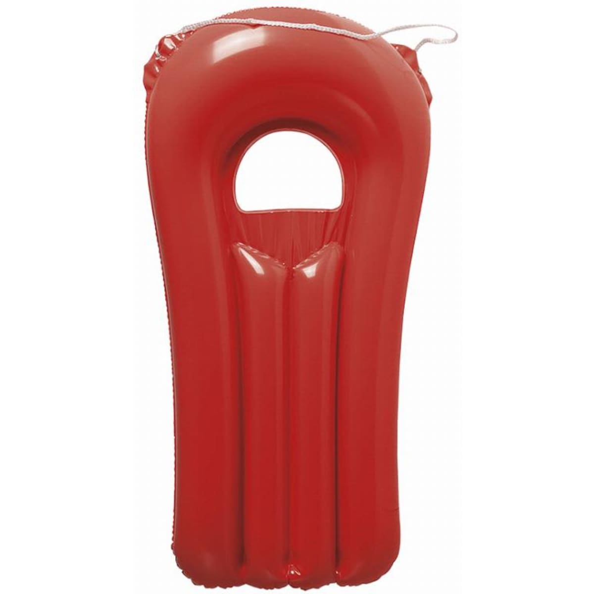 A red inflatable lounge with a handle and multiple air chambers for buoyancy.