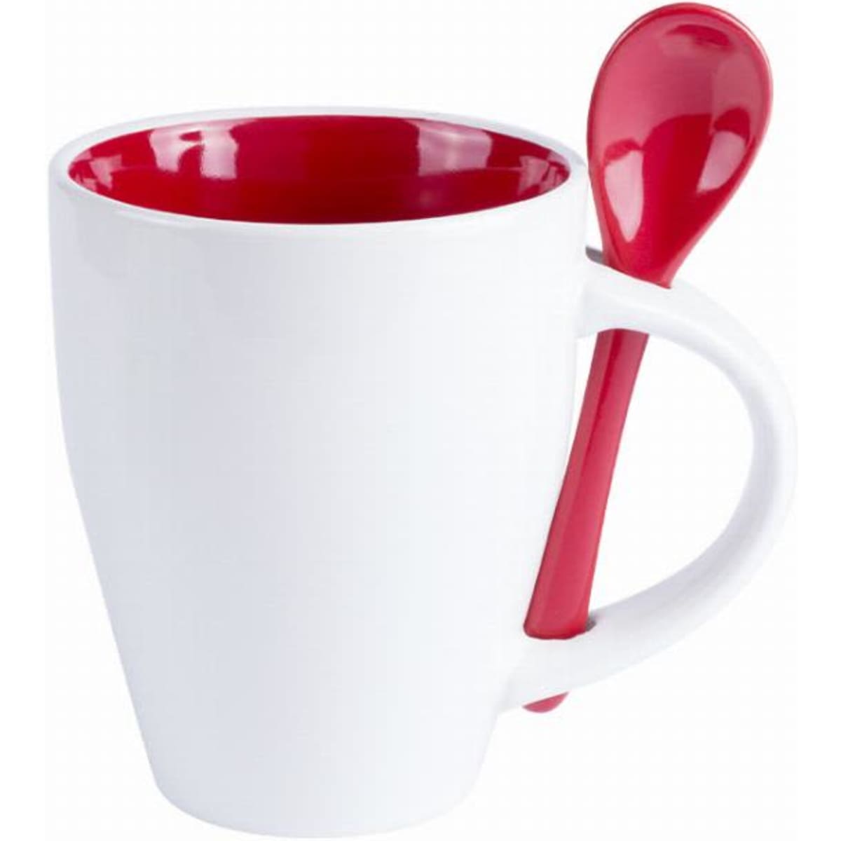 A white mug with a red interior and a matching red spoon attached to the side.