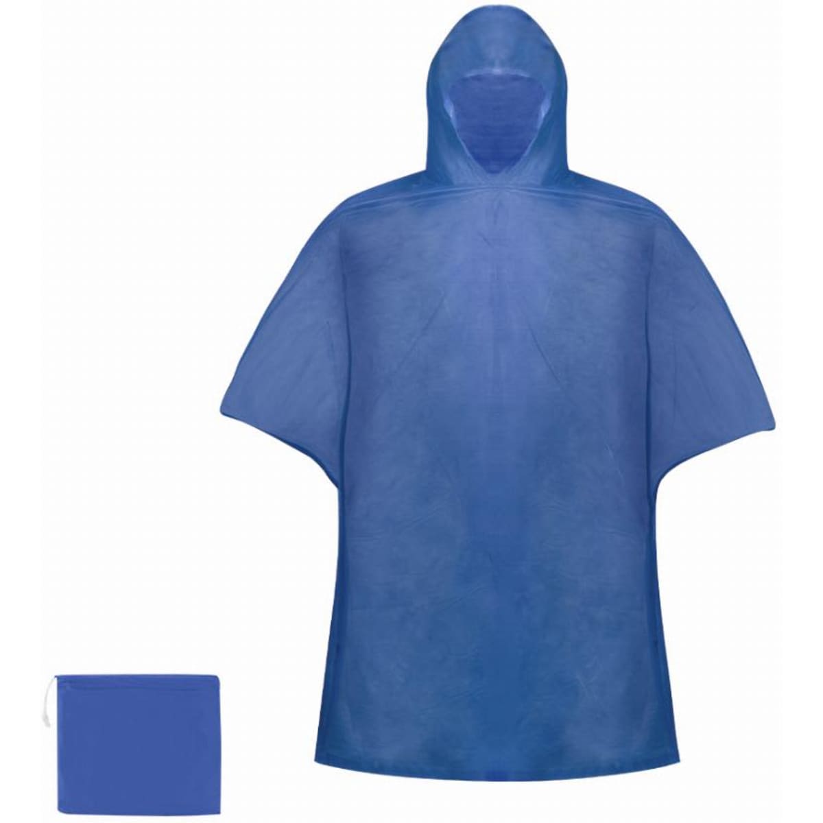 A blue poncho with a hood, folded neatly beside it. The poncho has an attached hood and is made of lightweight material.
