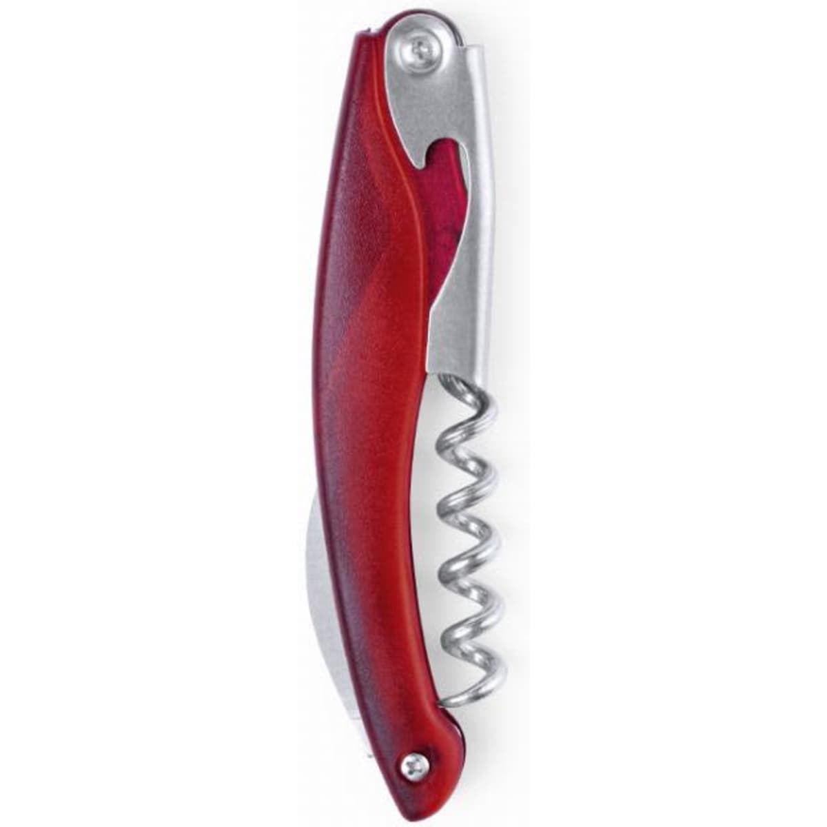 A corkscrew with a red plastic handle and a stainless steel spiral. It features a bottle opener and has a logo.