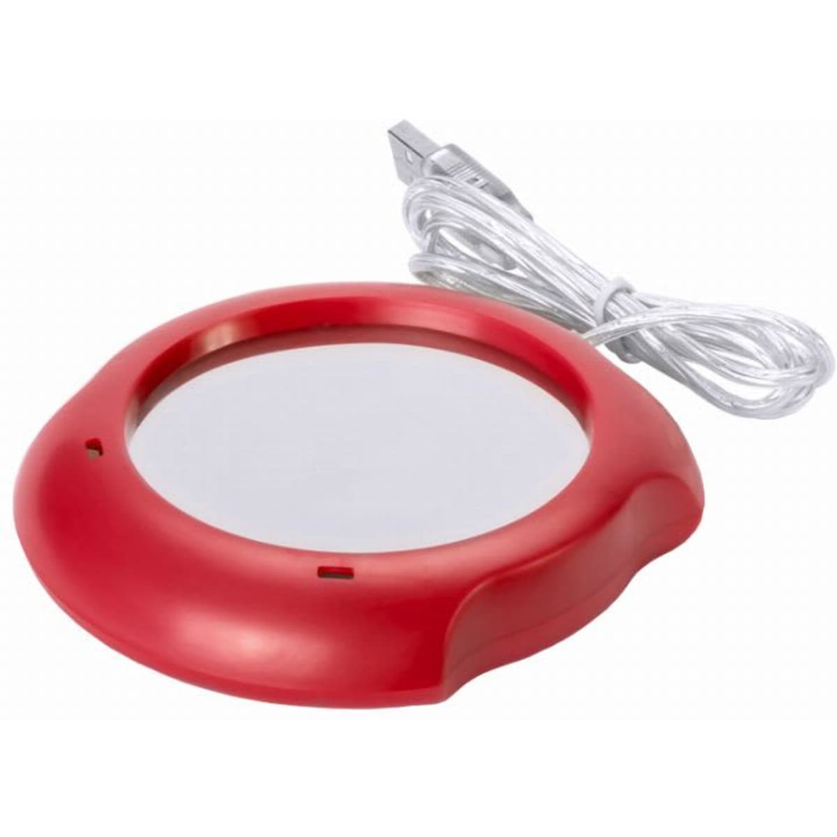 A red mug warmer with a USB power cable and a flat heating surface.