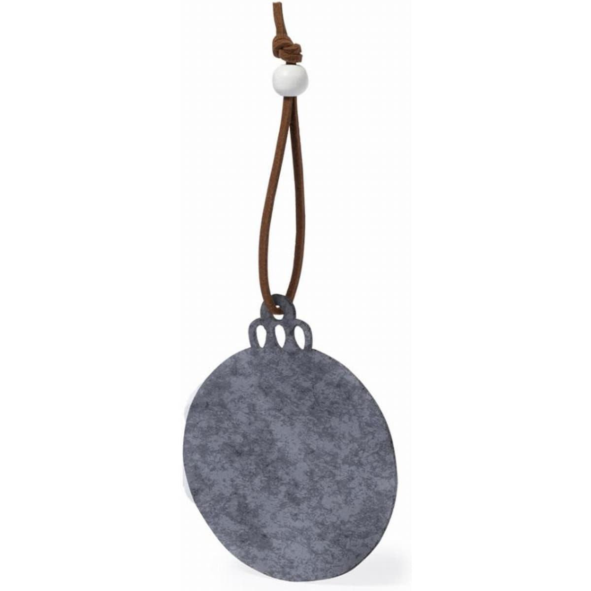 A round grey stone pendant with a leather strap, featuring a bead and decorative elements at the top.