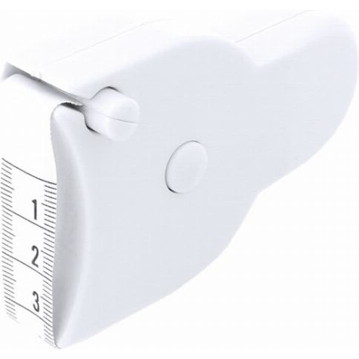 A white tape measure with a rounded end and visible measurement markings. It features a simple push-button mechanism.