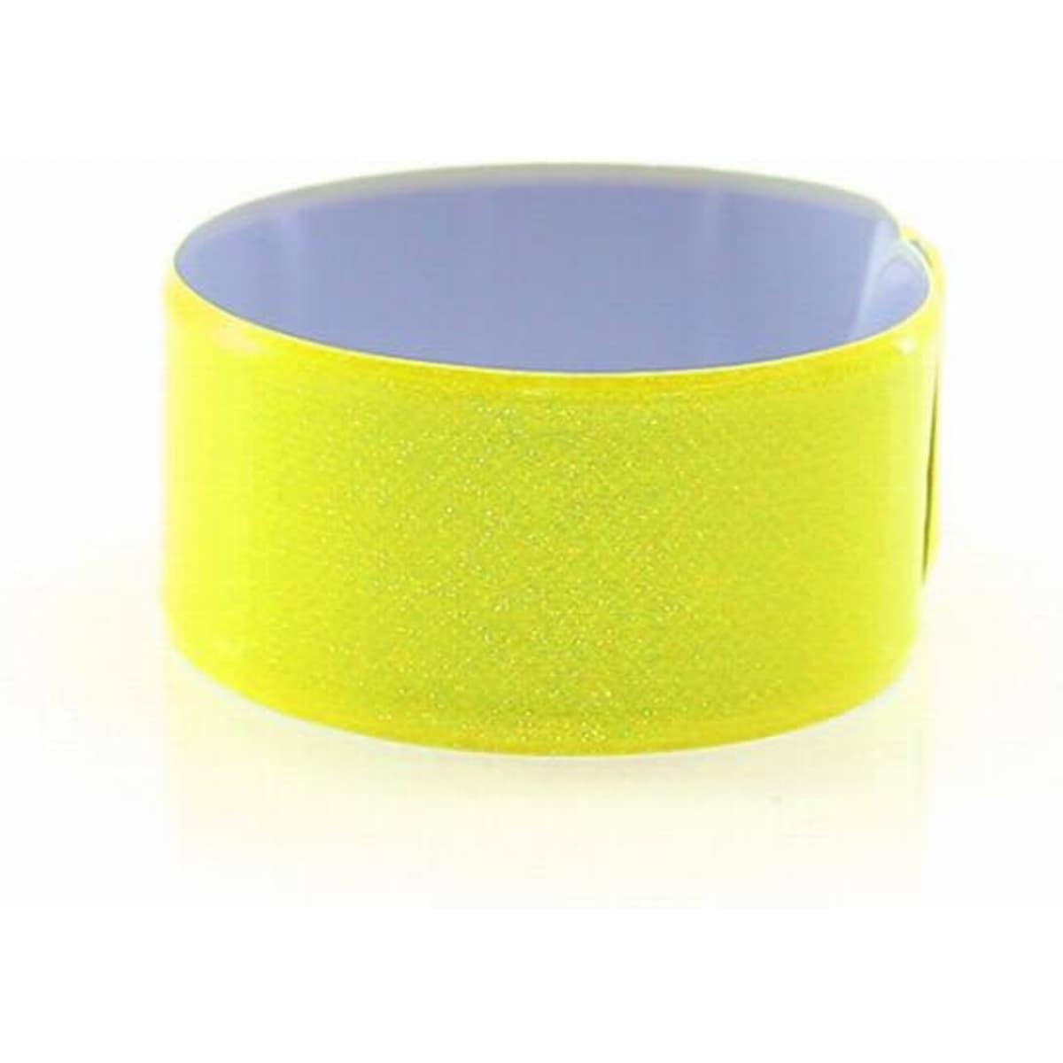 A reflective wristband in bright yellow with a shiny finish and a blue inner lining.