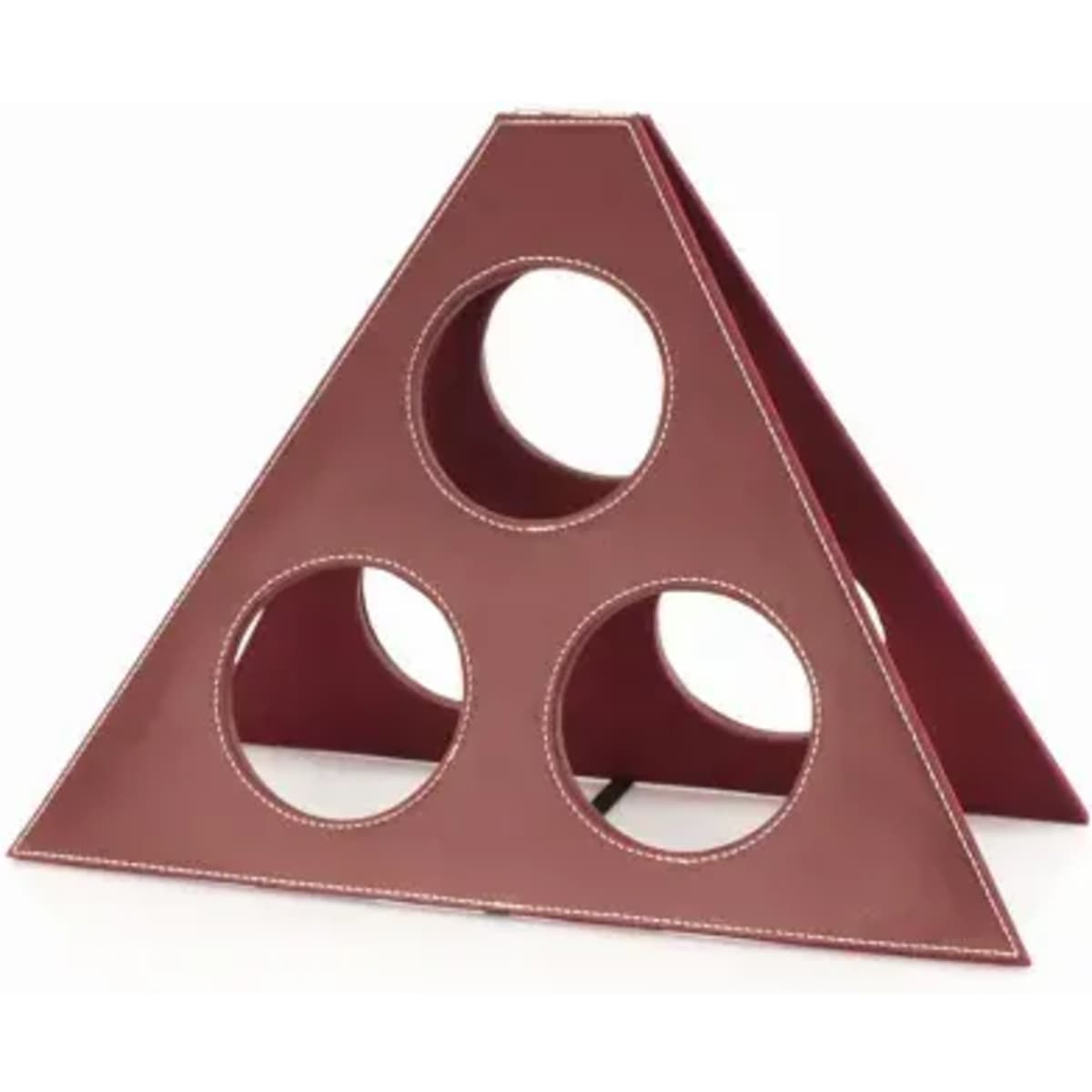 A triangular holder in burgundy with three circular cutouts, featuring a contrasting stitch detail.
