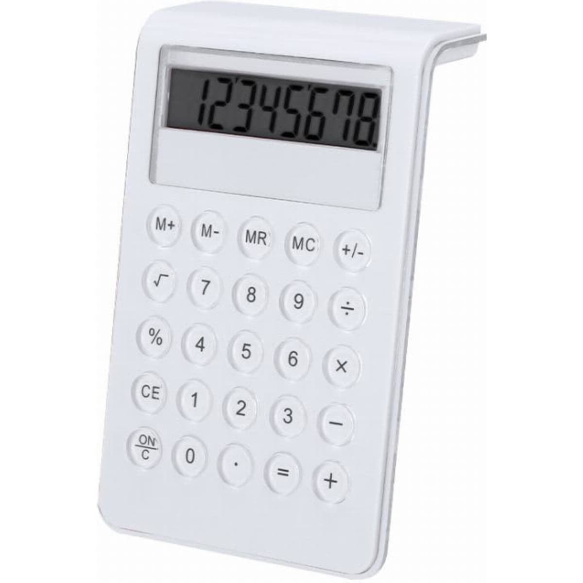 A white calculator featuring a large digital display and multiple buttons for calculations. It has a simple, minimalist design.