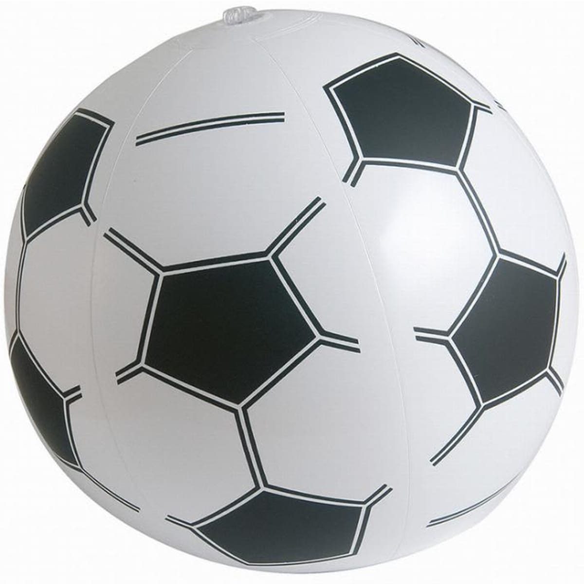 A beach ball featuring a black and white soccer ball design, with hexagonal patterns. It has a shiny, inflatable appearance.