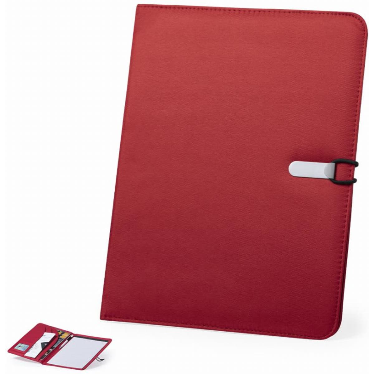 A red folder with a front clasp and a small notepad and pen included. It features a logo on the front.