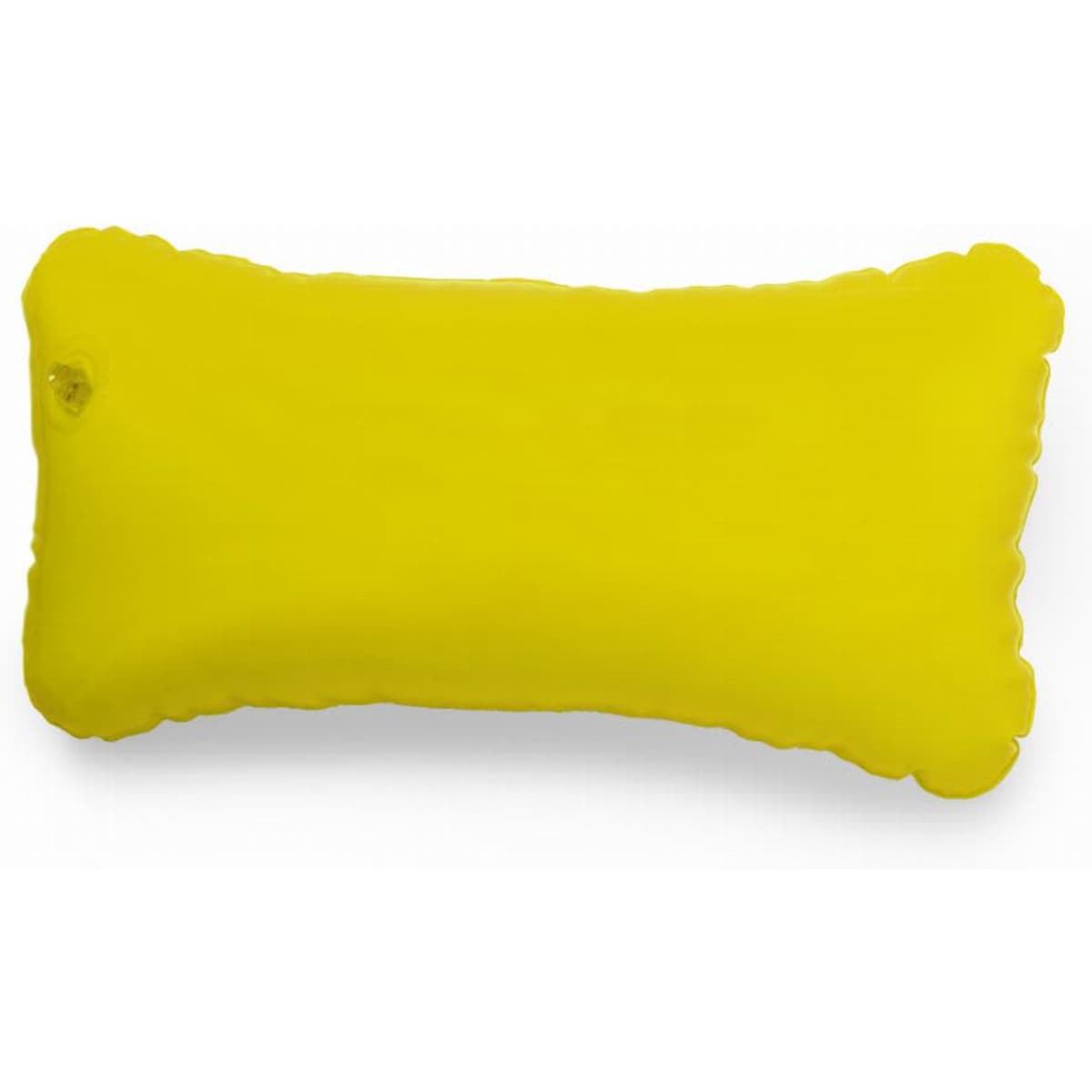 A yellow inflatable pillow with a smooth surface and rounded edges, featuring a valve for air insertion.