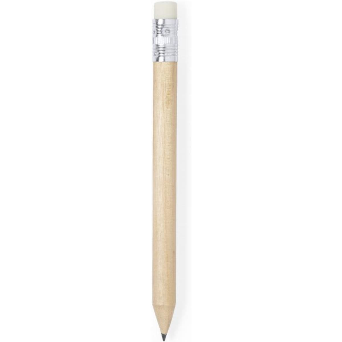 A wooden pencil with a silver-finished eraser on top and a sharpened point.
