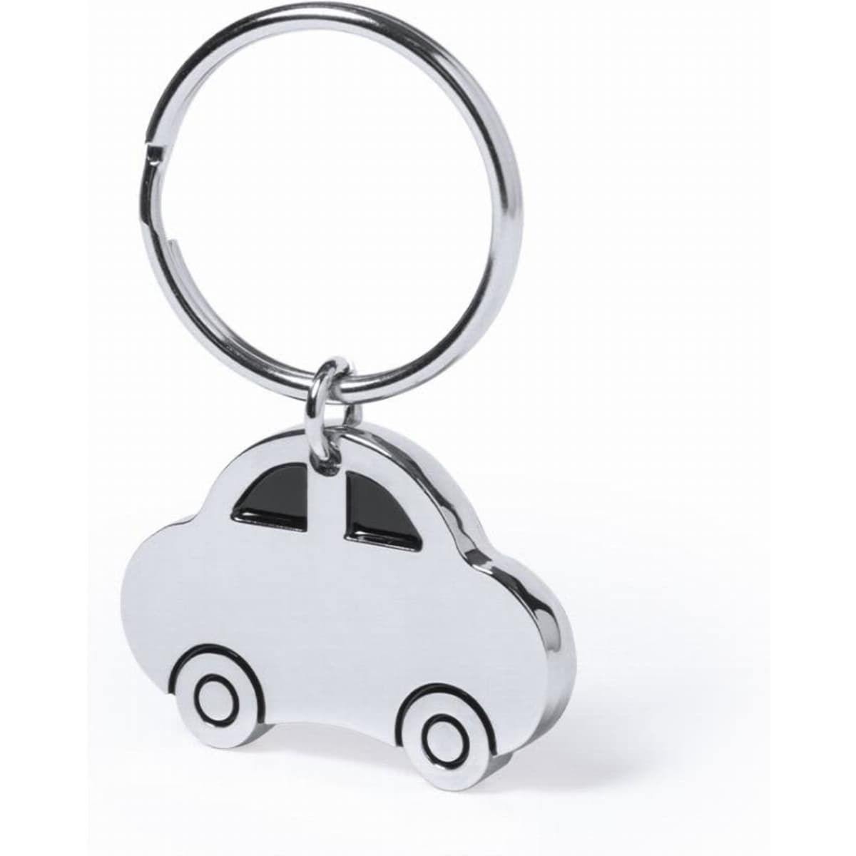 A keyring in the shape of a silver car with black detailing, attached to a metal ring.