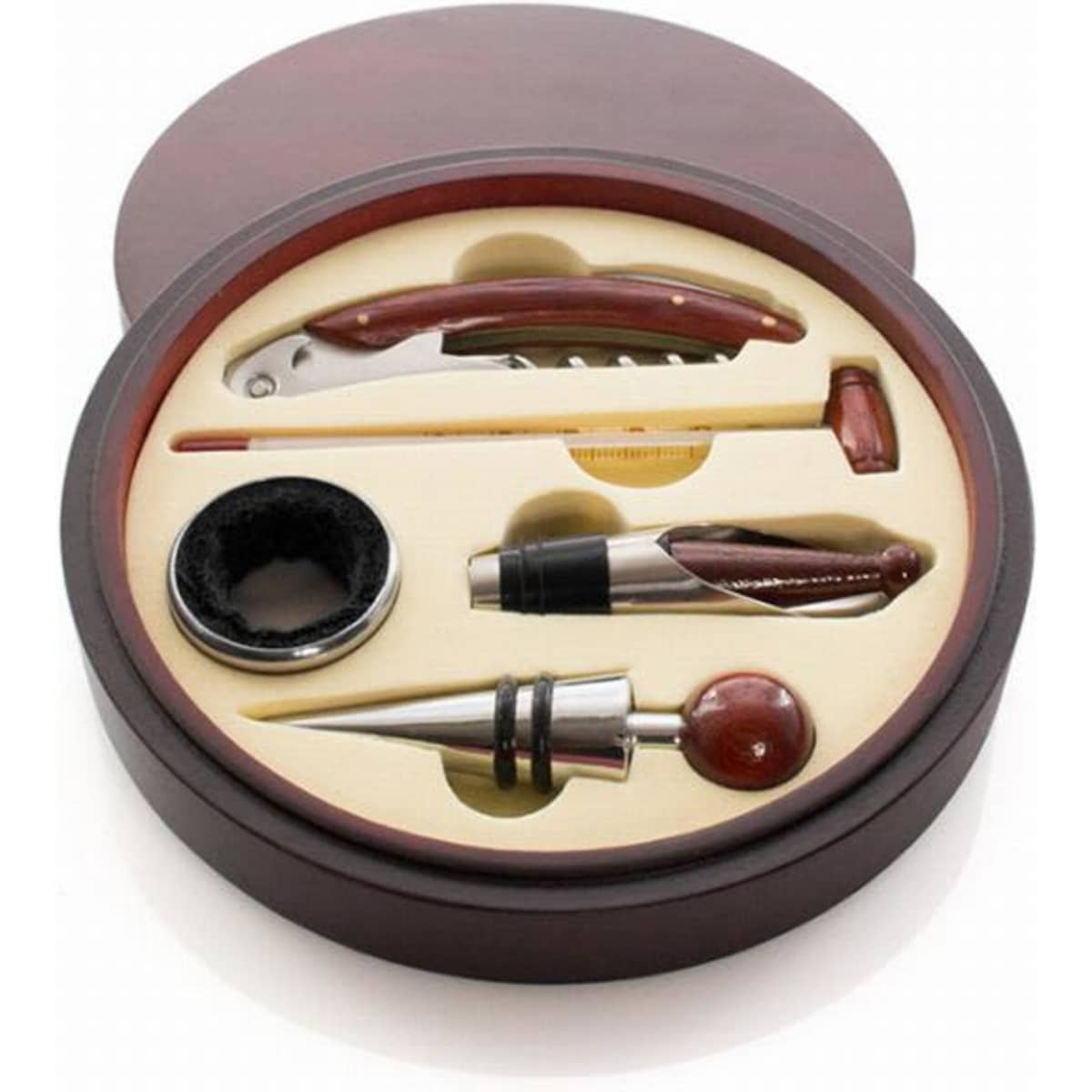 A wooden gift box containing a corkscrew, bottle stopper, pen, and other accessories with a polished finish.