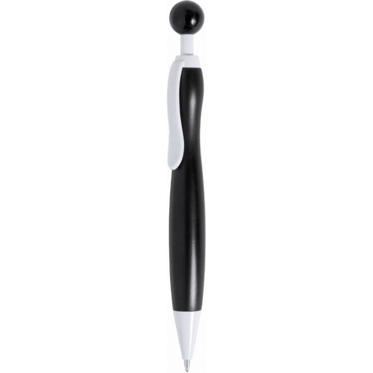 A black and white pen with a rounded top and a grip section. It features a clip for attaching to notebooks.