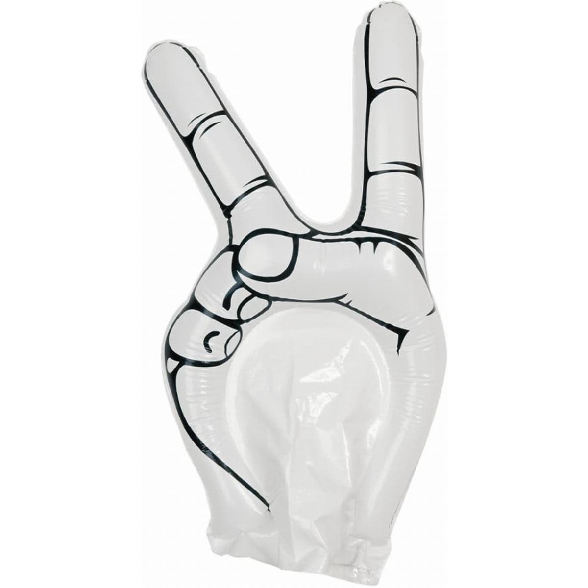 A large inflatable hand making a peace symbol, designed in white with black outlines.