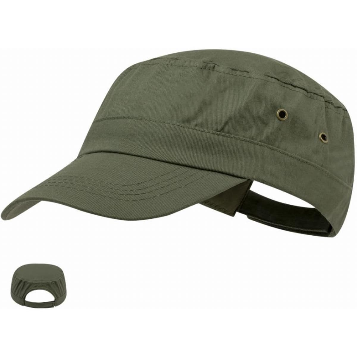 A green cap with a curved brim and ventilation holes, featuring a foldable design for easy storage.