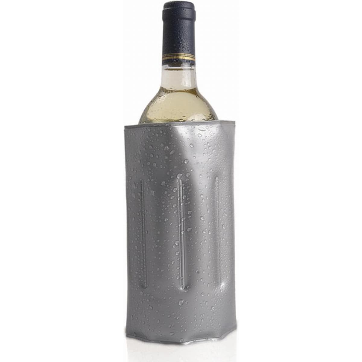 A drink bottle cooler in grey, holding a wine bottle, featuring a textured surface with droplets of water.