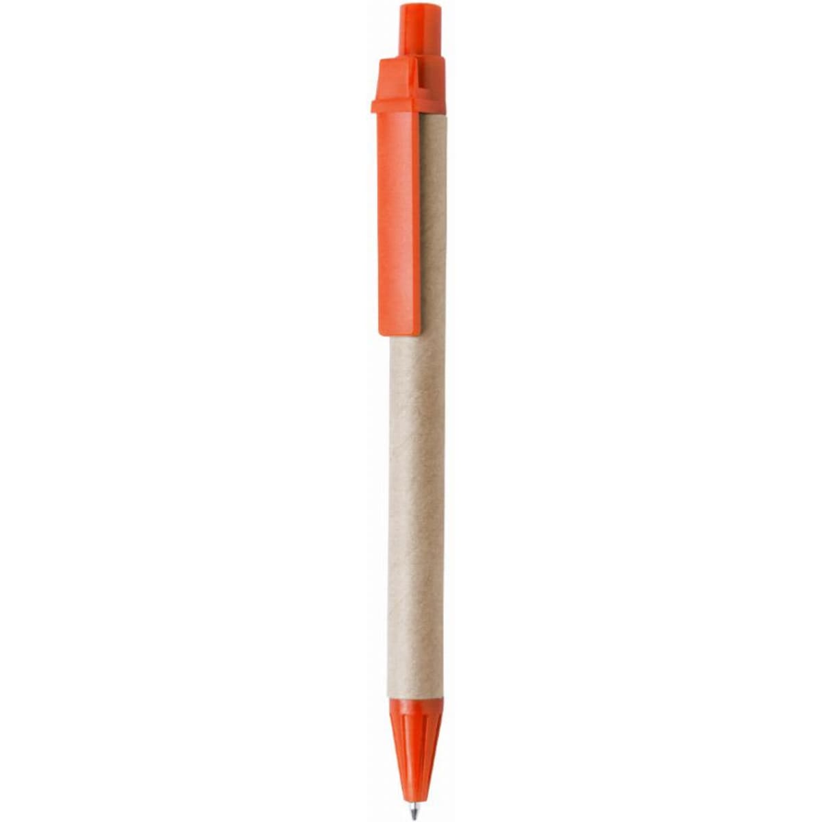 A ballpoint pen with an orange cap and tip, featuring a brown paper barrel. It has a clip and a logo on the barrel.