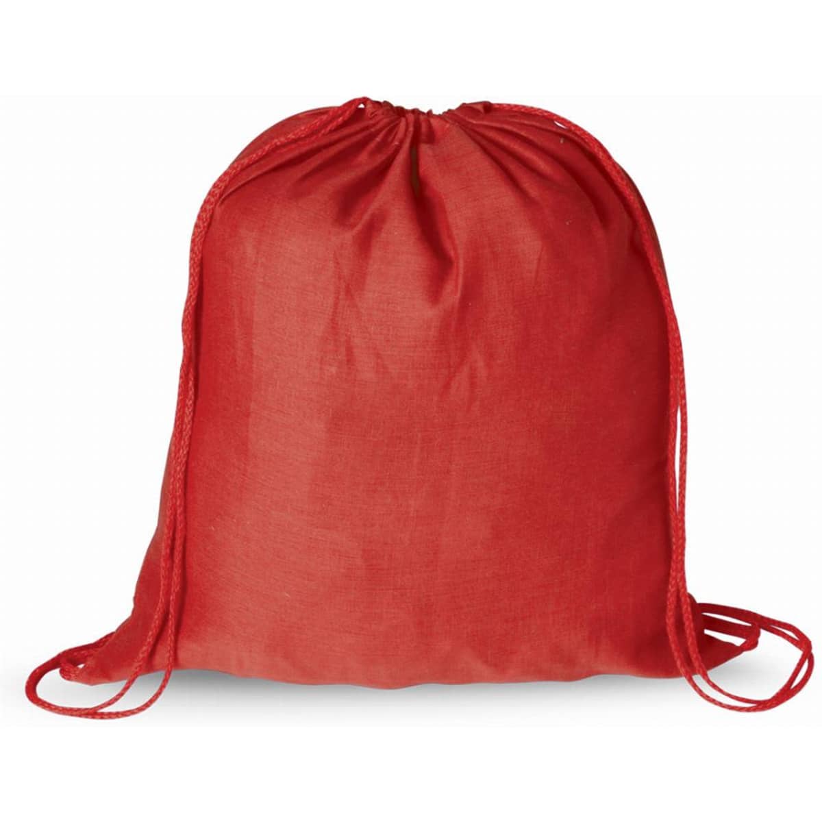A drawstring bag in bright red fabric with matching drawstrings. The bag is simple and unembellished.