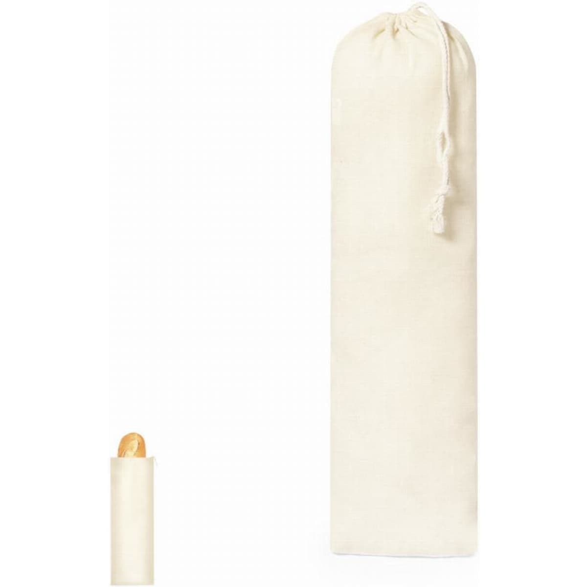 A cream-coloured pouch with a drawstring, containing a small cylindrical item with a yellow tip.