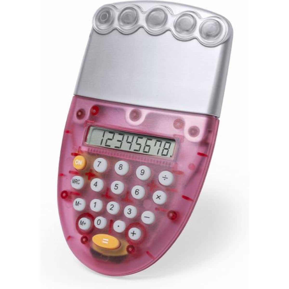 A pink and silver calculator featuring a large display, buttons, and a rounded top design. It also has a logo.