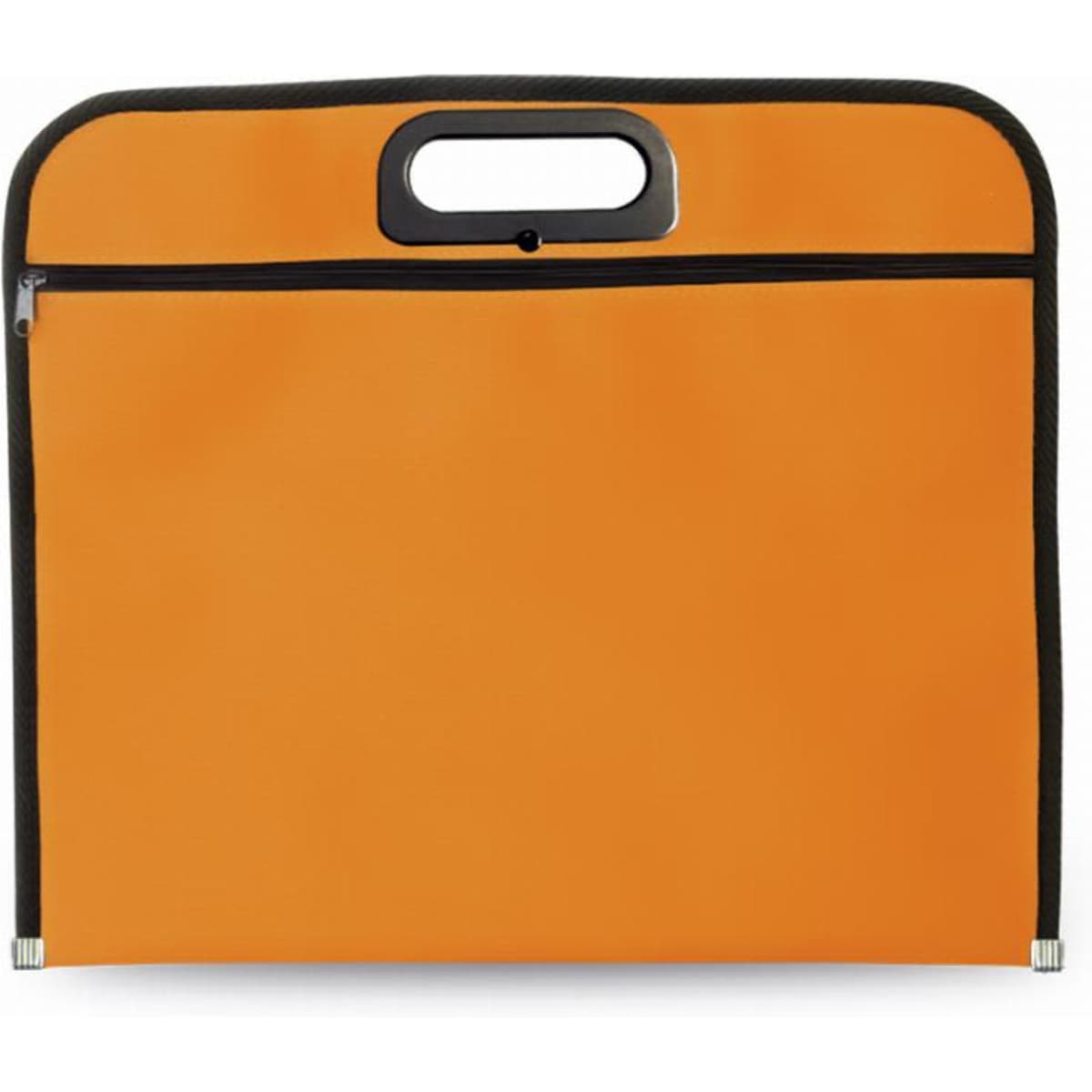 An orange document folder with a black zipper and a top handle for easy carrying.