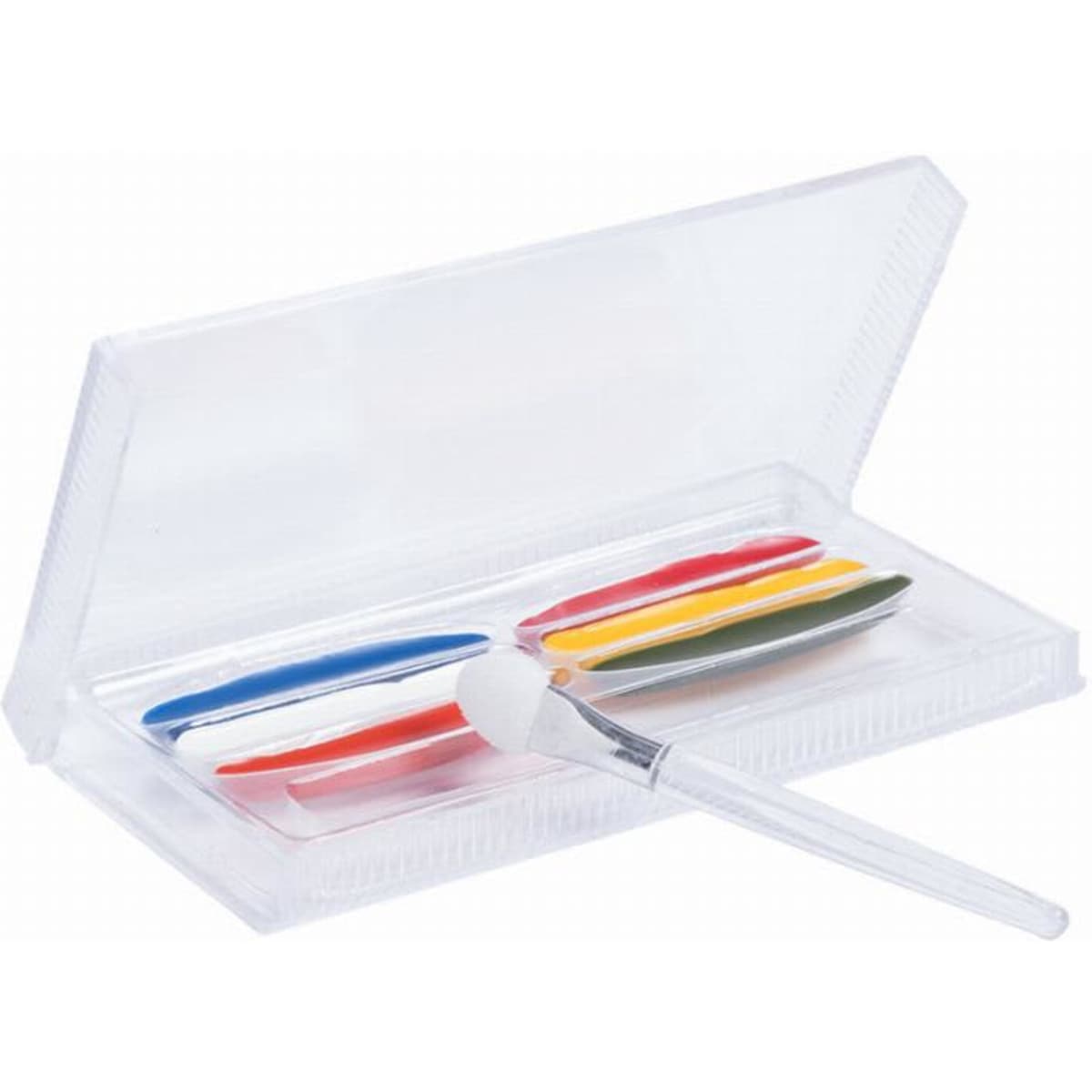A compact case containing five colourful face paint sticks and an applicator brush, stored neatly together.