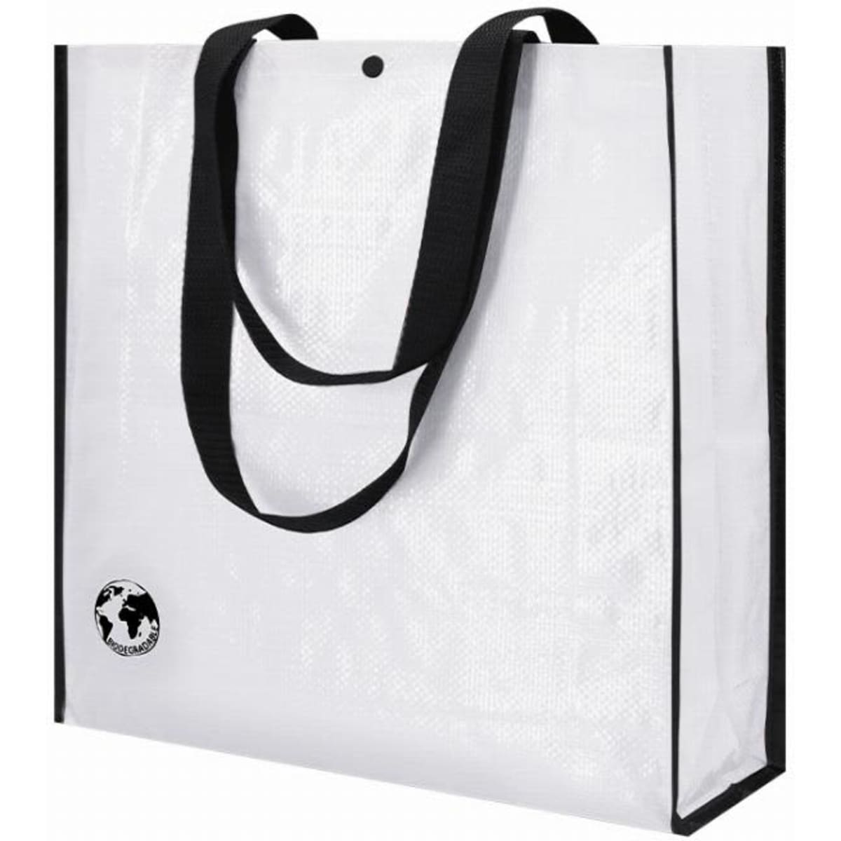 A large white tote bag with black handles and a logo on the side. It has a straightforward, minimalist design.