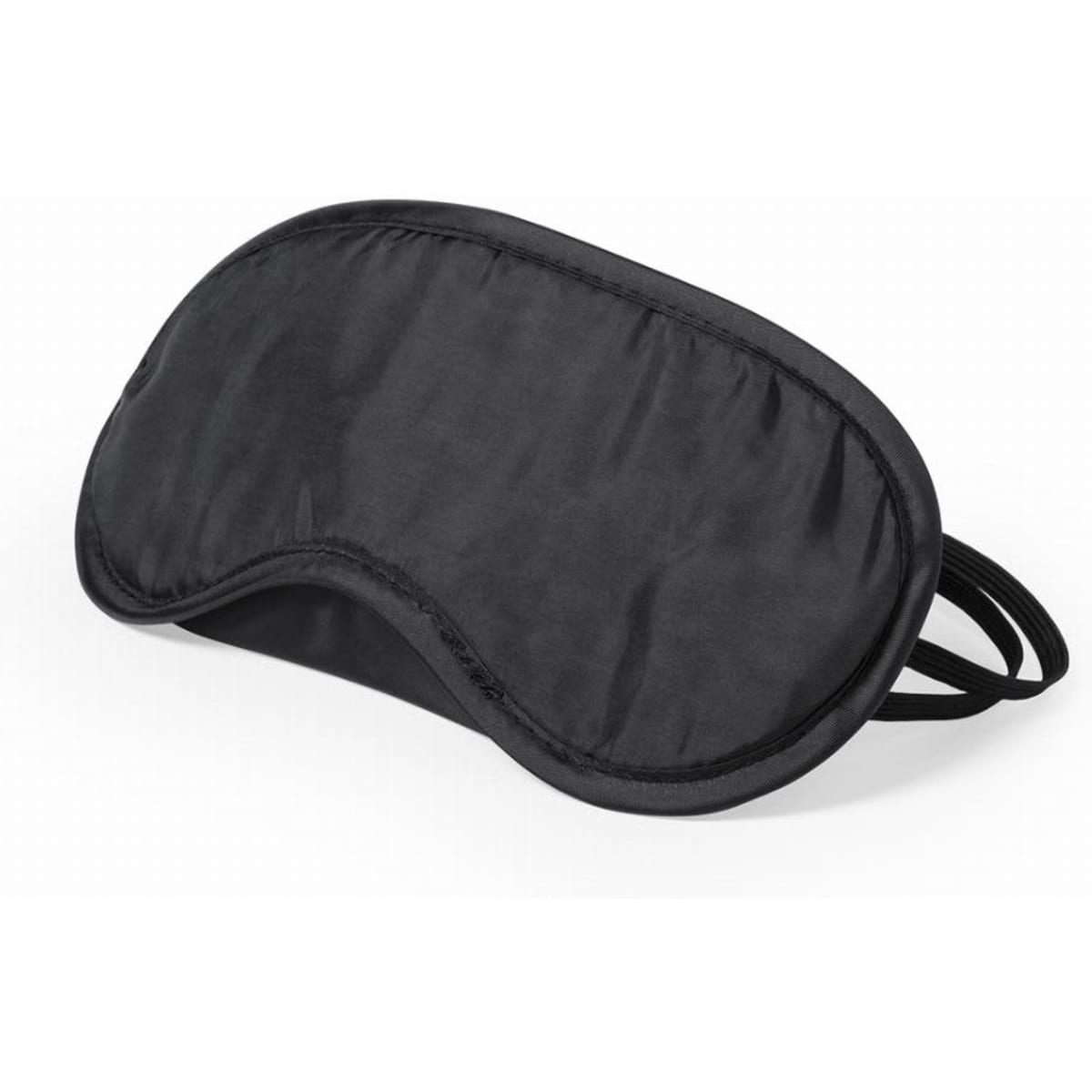 A black sleep mask with a soft fabric surface and elastic straps for a comfortable fit.