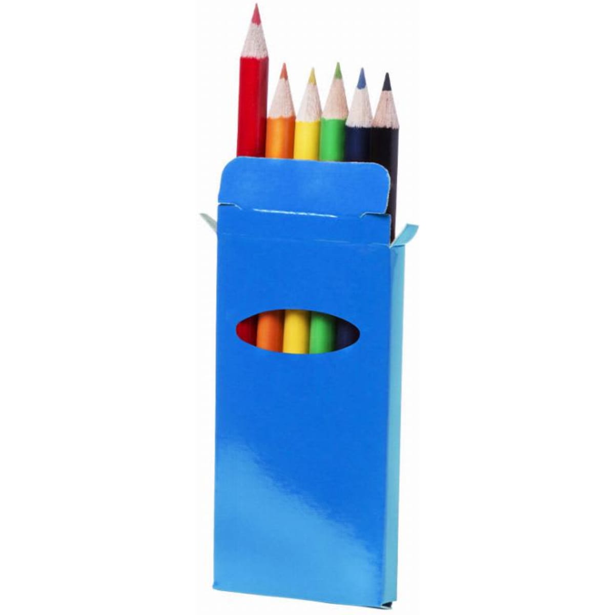 A set of coloured pencils in a blue carton with an open front. The pencils feature various vibrant colours.